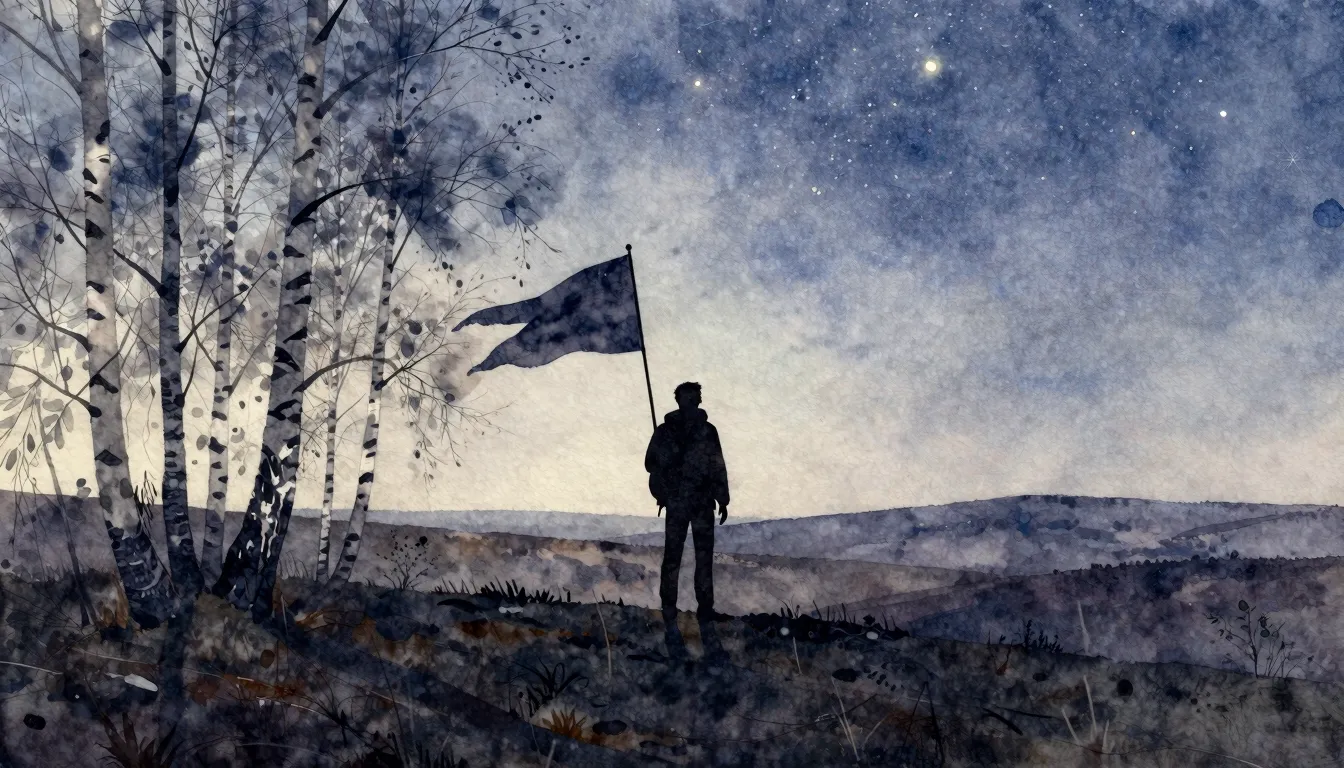 Watercolor style. A silhouette of a lone wanderer stands on ...