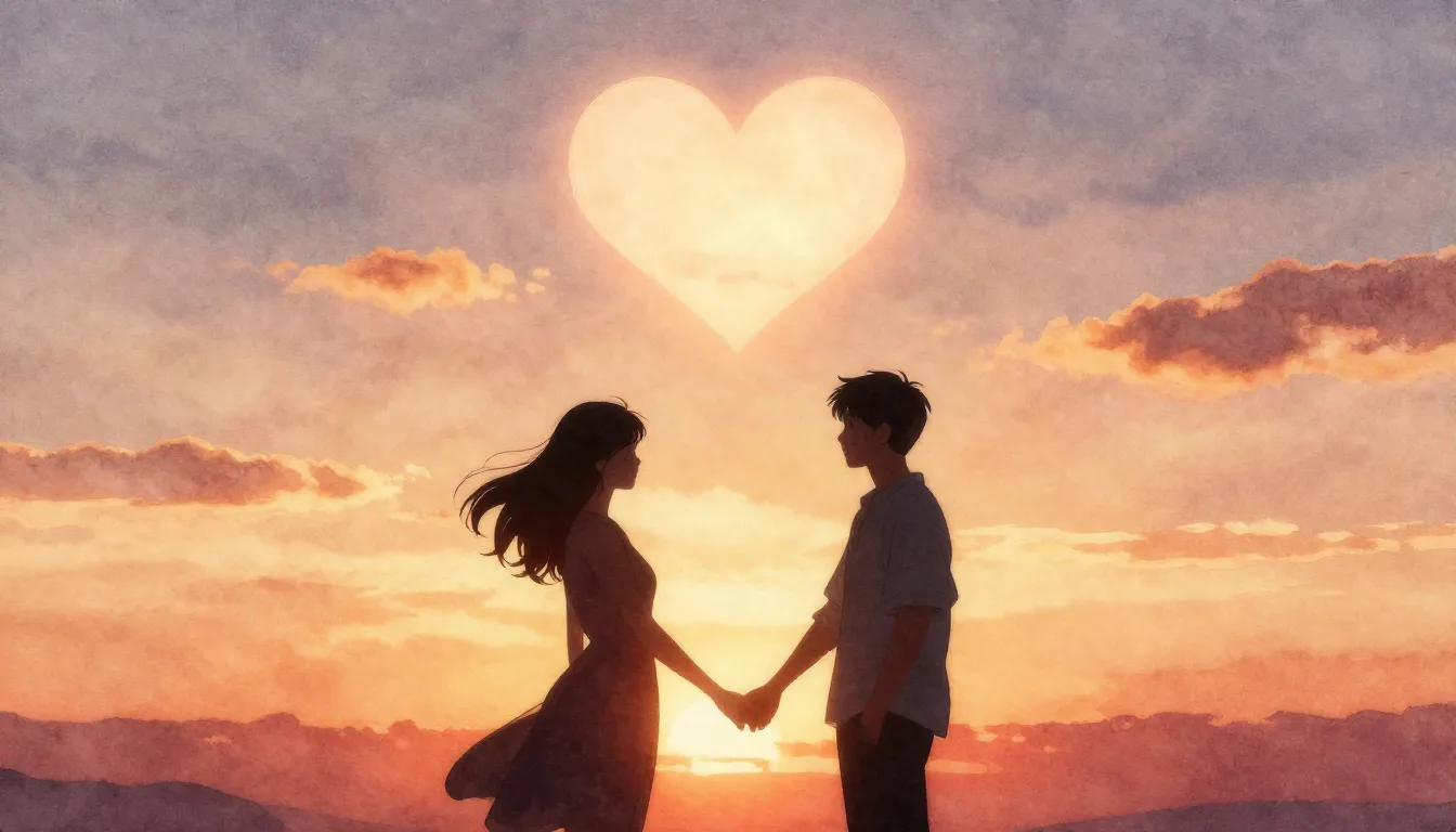 Watercolor style. Silhouette of two lovers holding hands und...