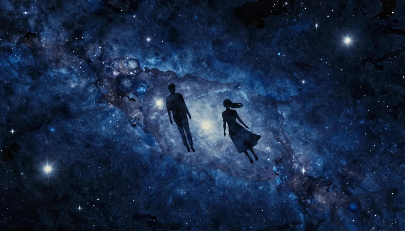 Watercolor style. Silhouettes of two figures floating in a v...