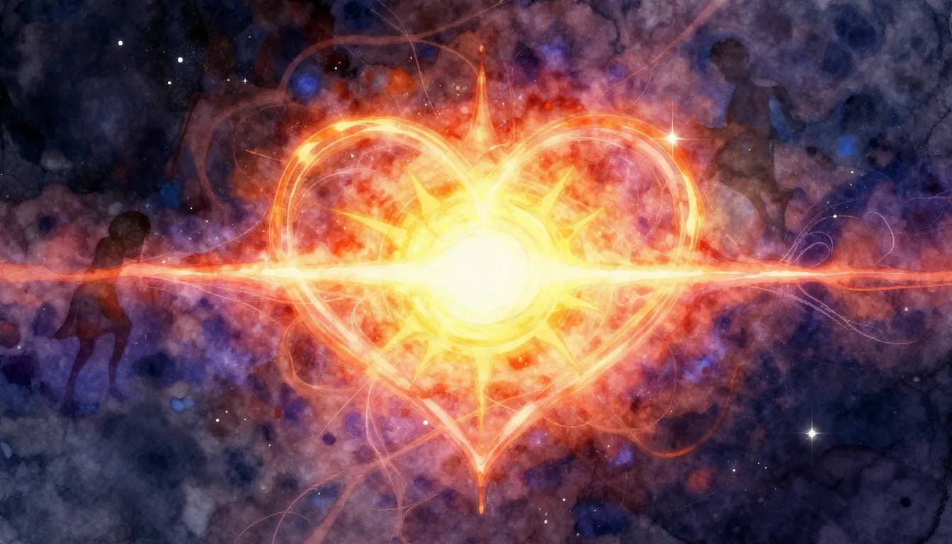 Vibrant watercolor style. New-metal album cover, cosmic love...