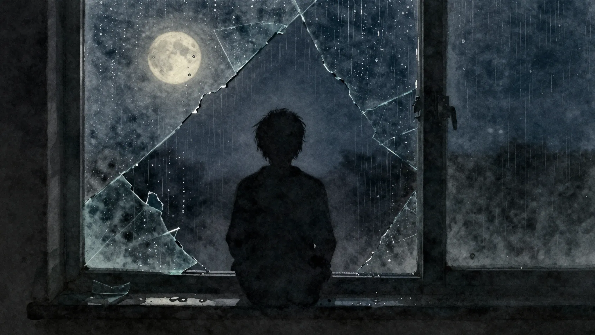 Watercolor style. A dark window with raindrops, a lonely sil...