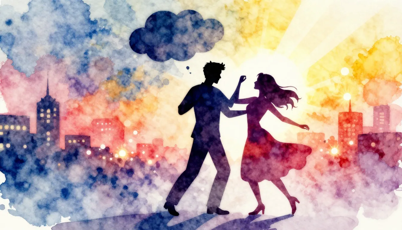 Vibrant watercolor style. Pop. A grumpy man's silhouette and...