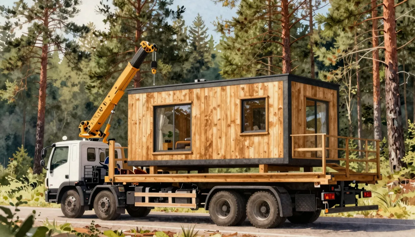 Watercolor style. A modern modular wooden house being transp...
