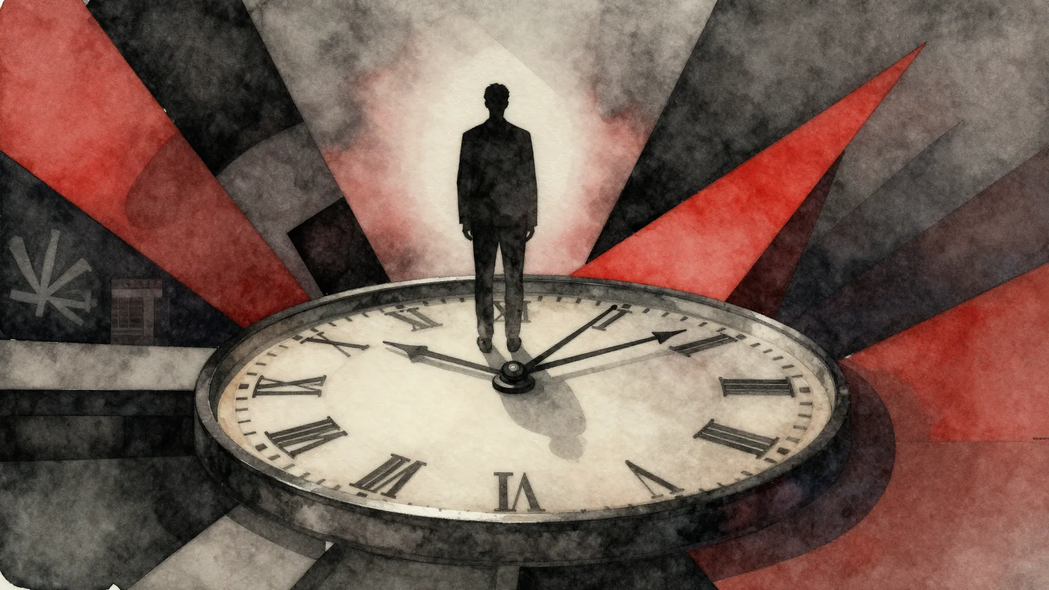 Watercolor style. A dark silhouette of a person standing on ...