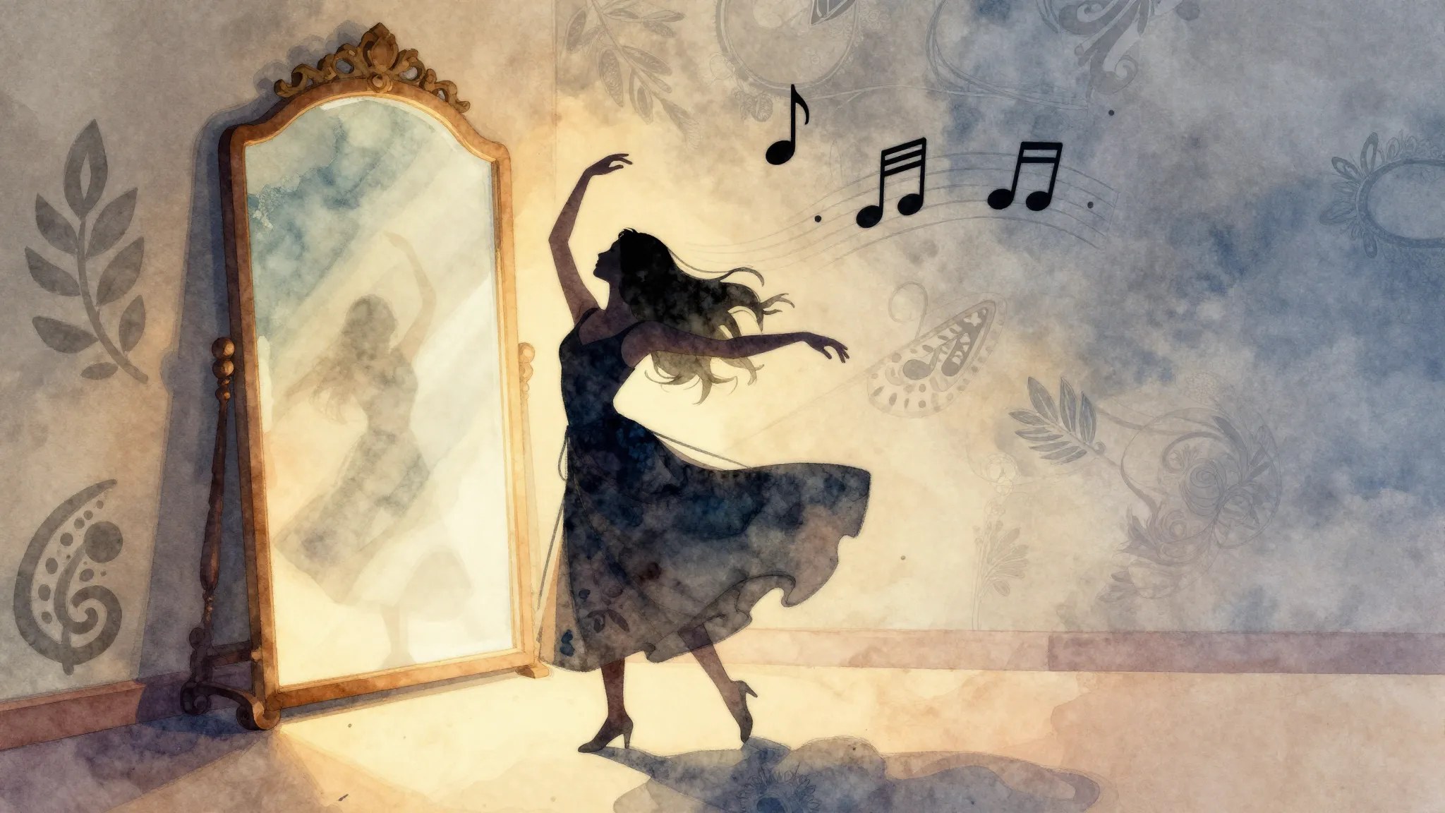 Watercolor style. A stylized silhouette of a woman dancing i...