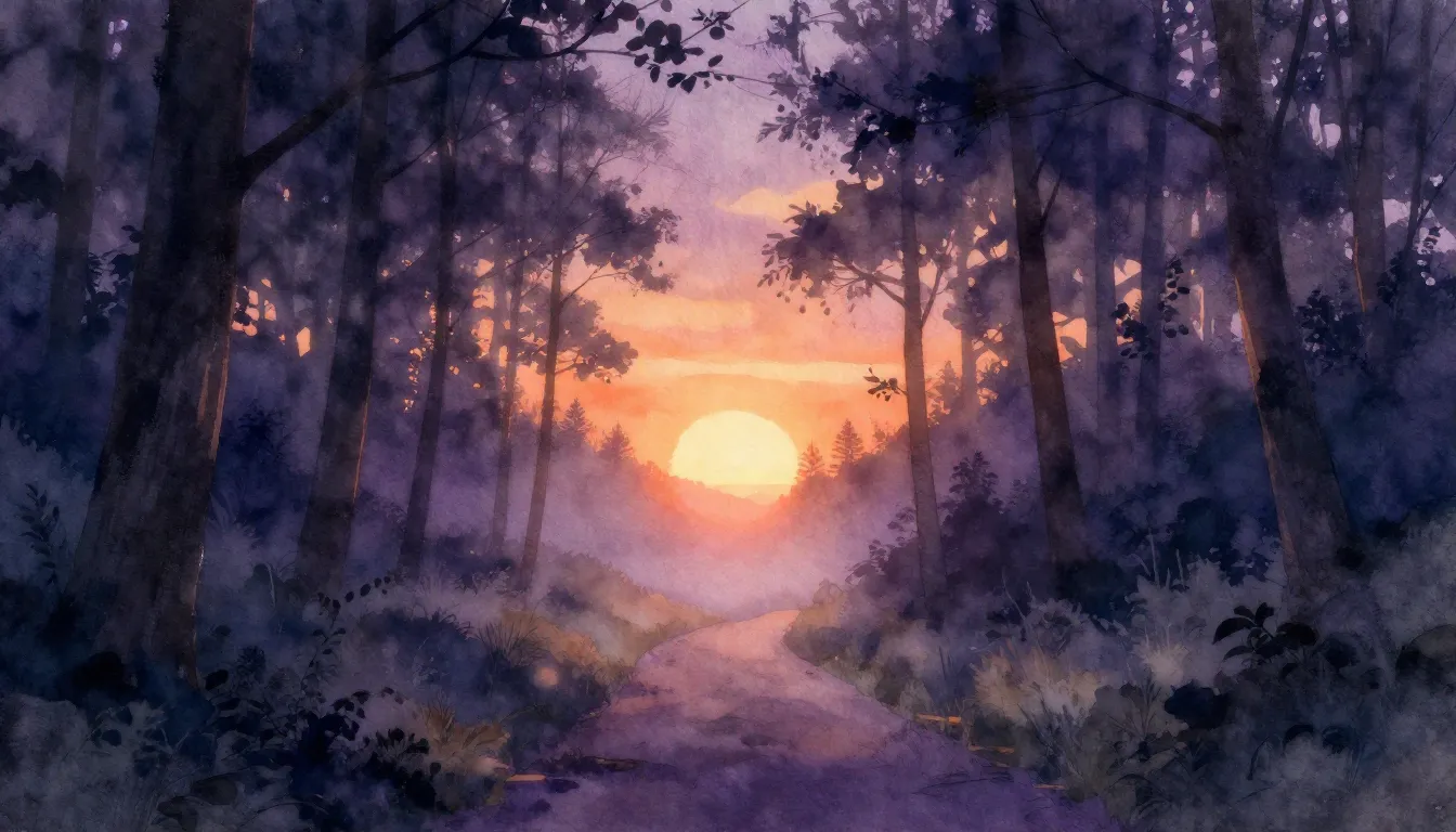 Watercolor style. A glowing path leading through a misty for...
