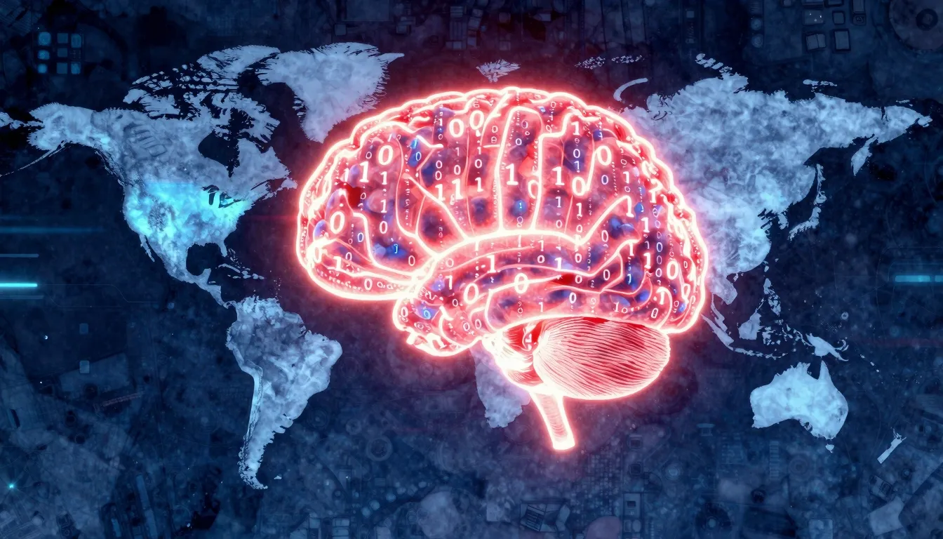 Watercolor style. A glowing digital silhouette of a brain ma...