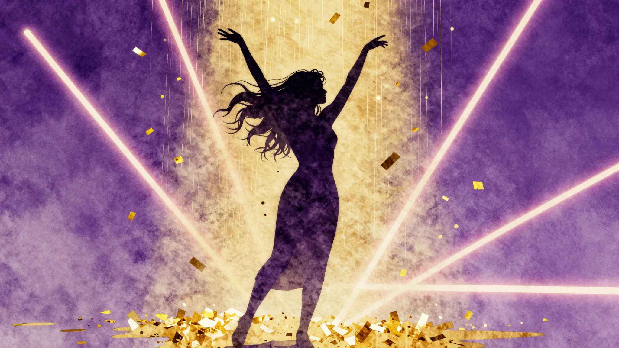 Watercolor style. Silhouette of a woman dancing under a show...