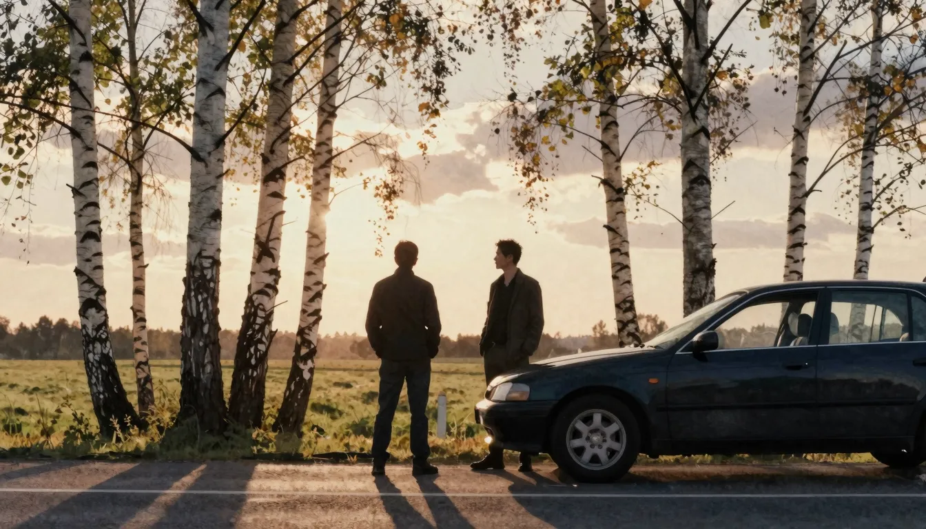 Watercolor style. Silhouettes of two men standing near a car...