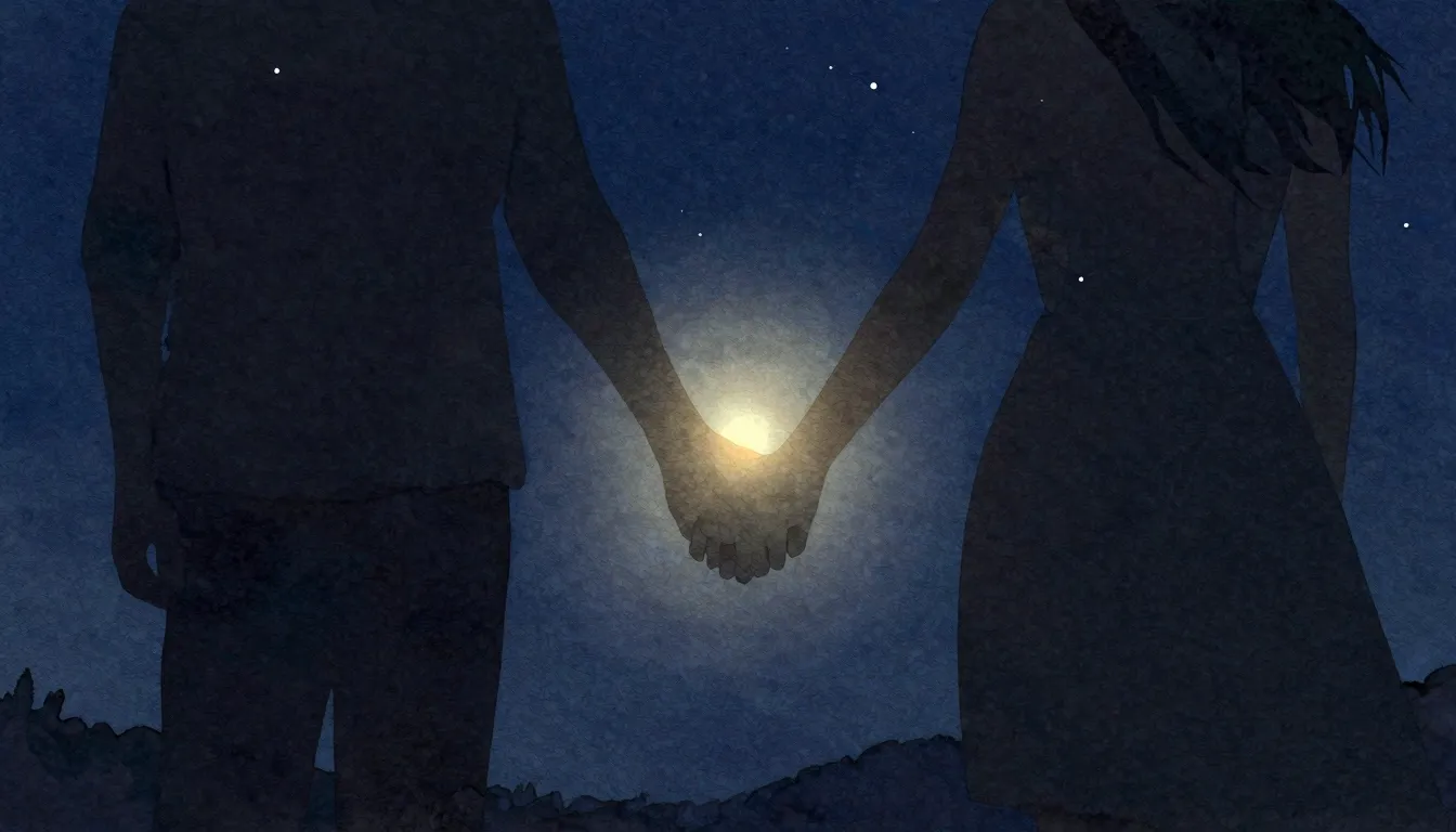 Watercolor style. Two dark silhouettes holding hands, a brig...