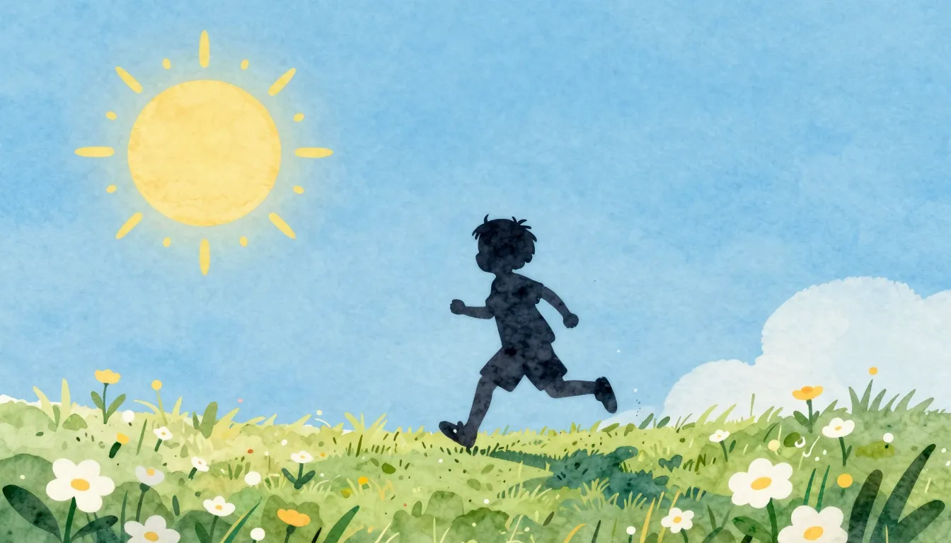 Watercolor style. Silhouette of a child running through a bl...