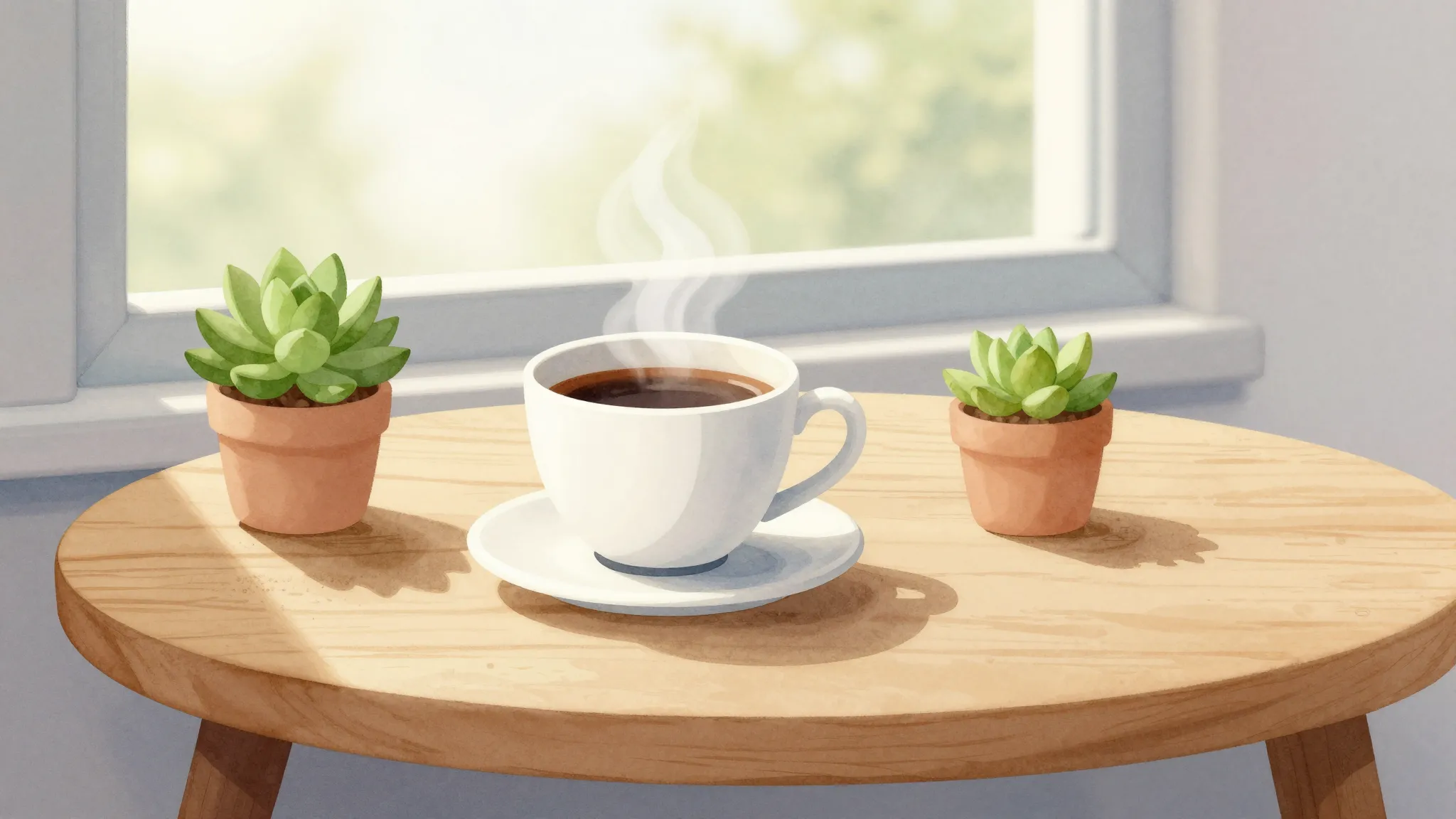 Watercolor style. A cozy wooden table with a steaming cup of...