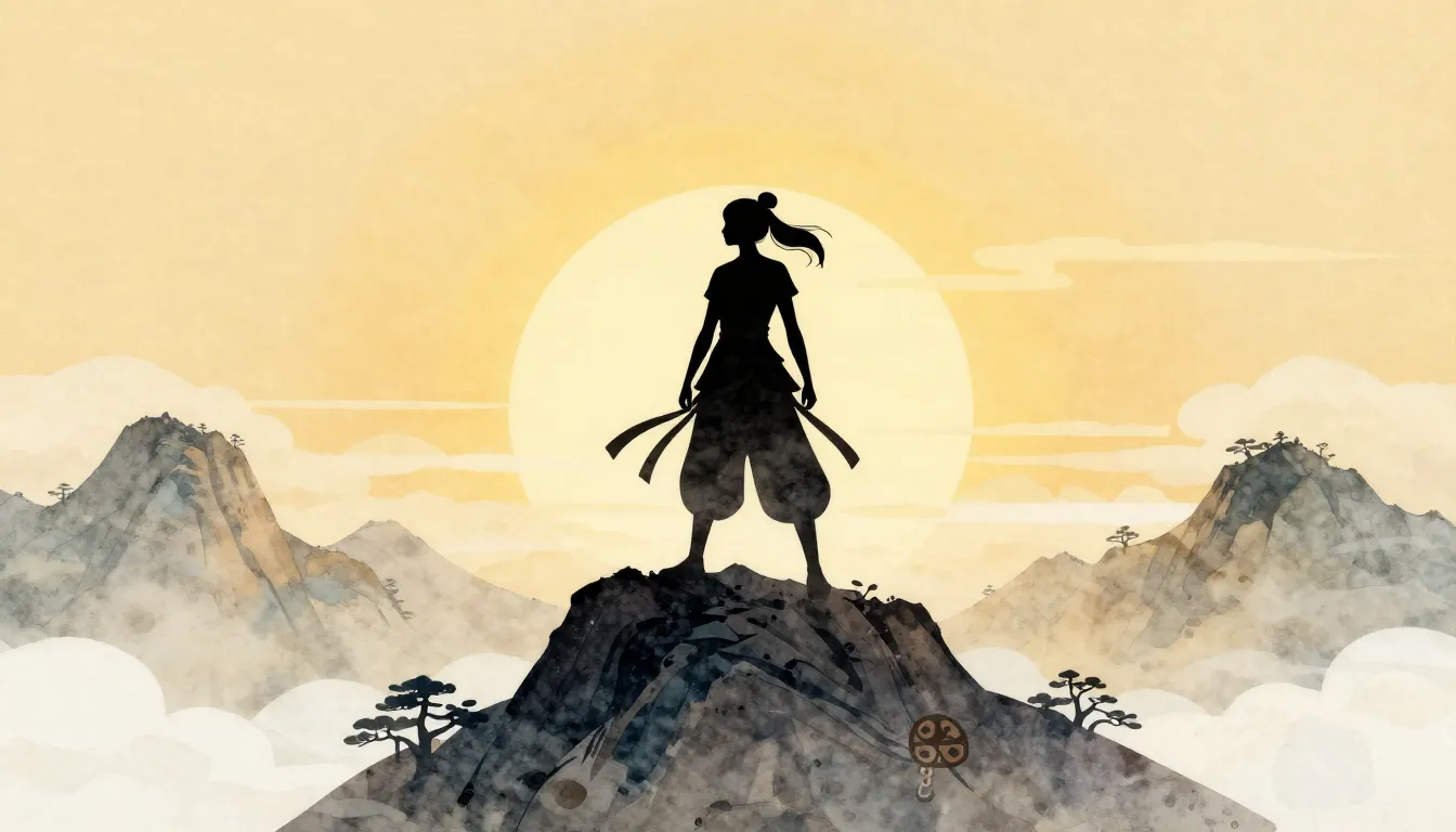 Watercolor style. Silhouette of a brave woman on a high moun...