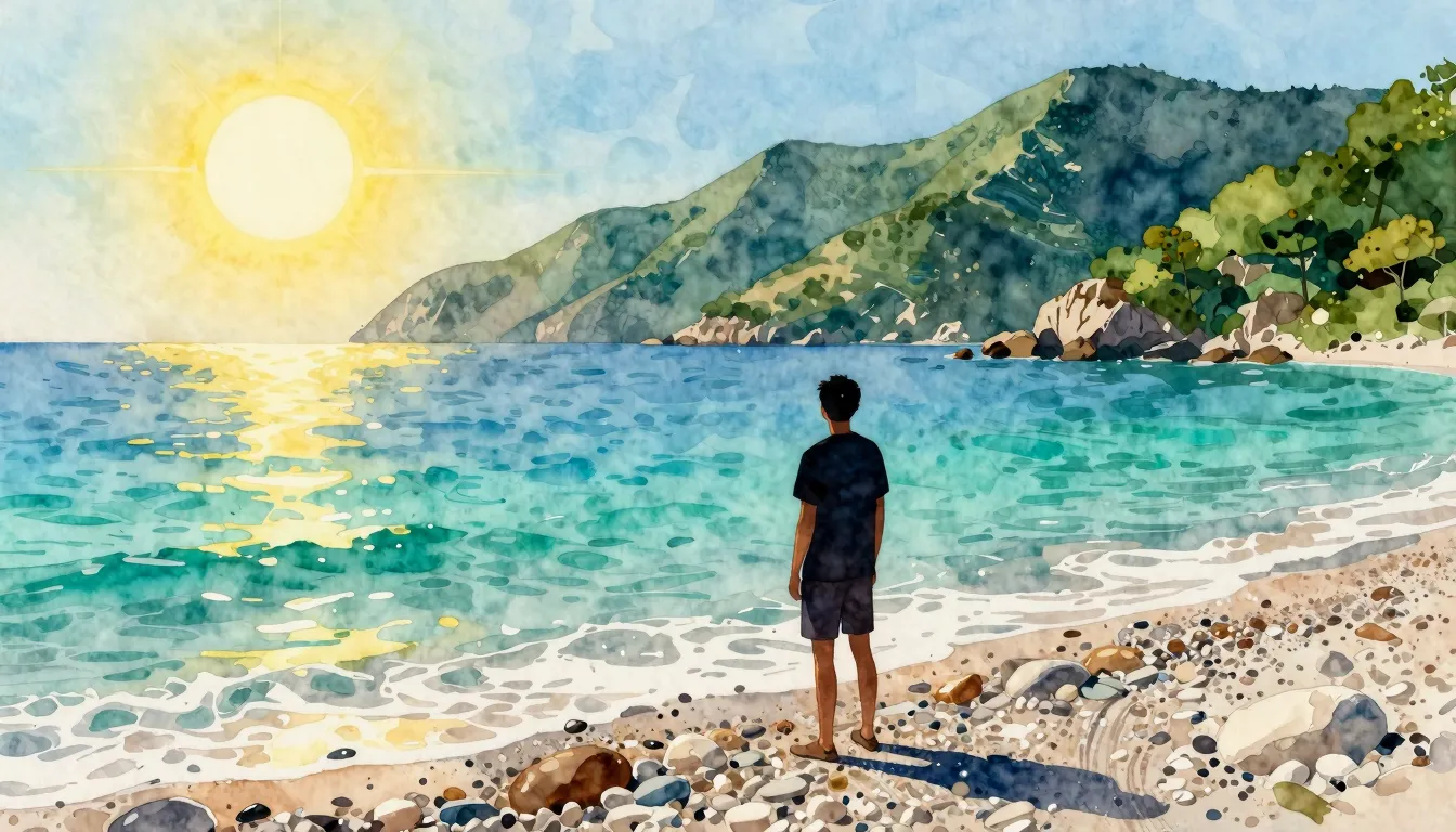 Watercolor style. A silhouette of a person standing on a peb...