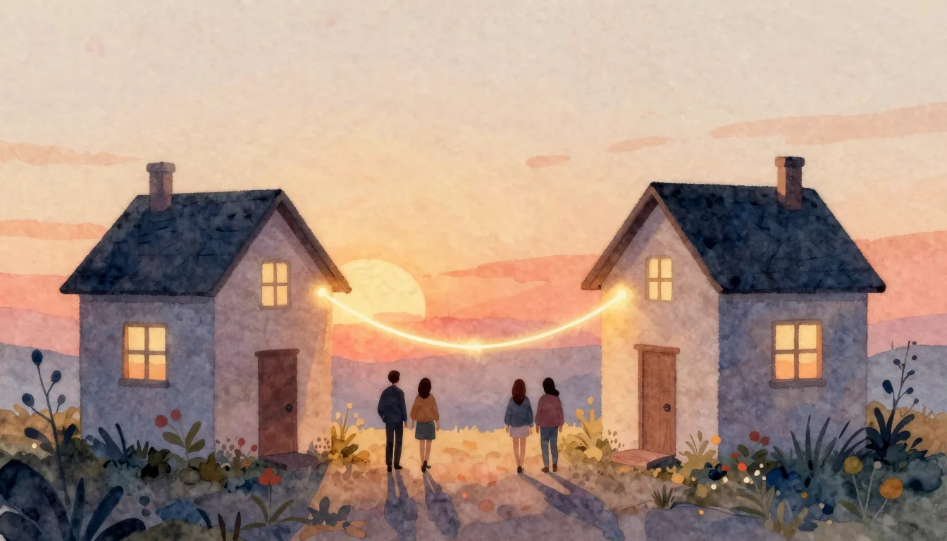 Watercolor style. Two stylized houses connected by a glowing...