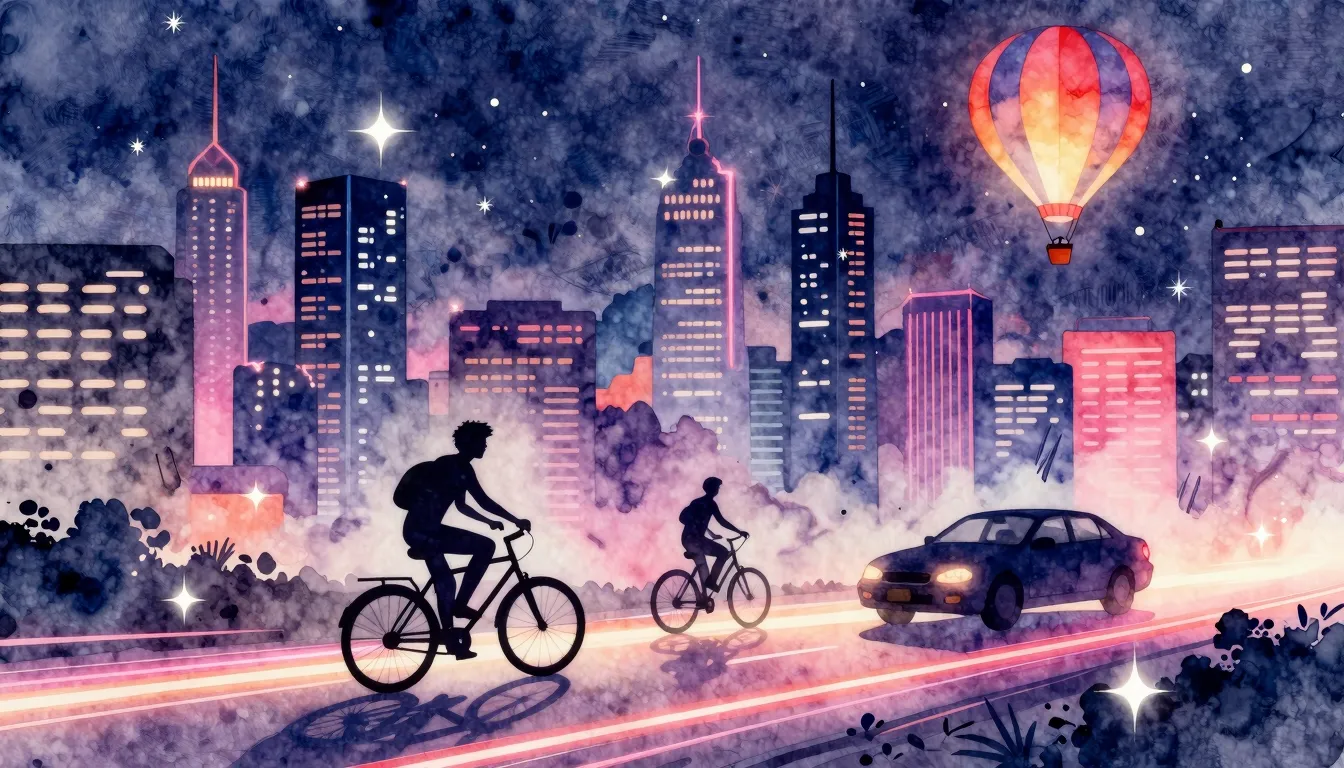Watercolor style. Neon city skyline at night, silhouettes of...
