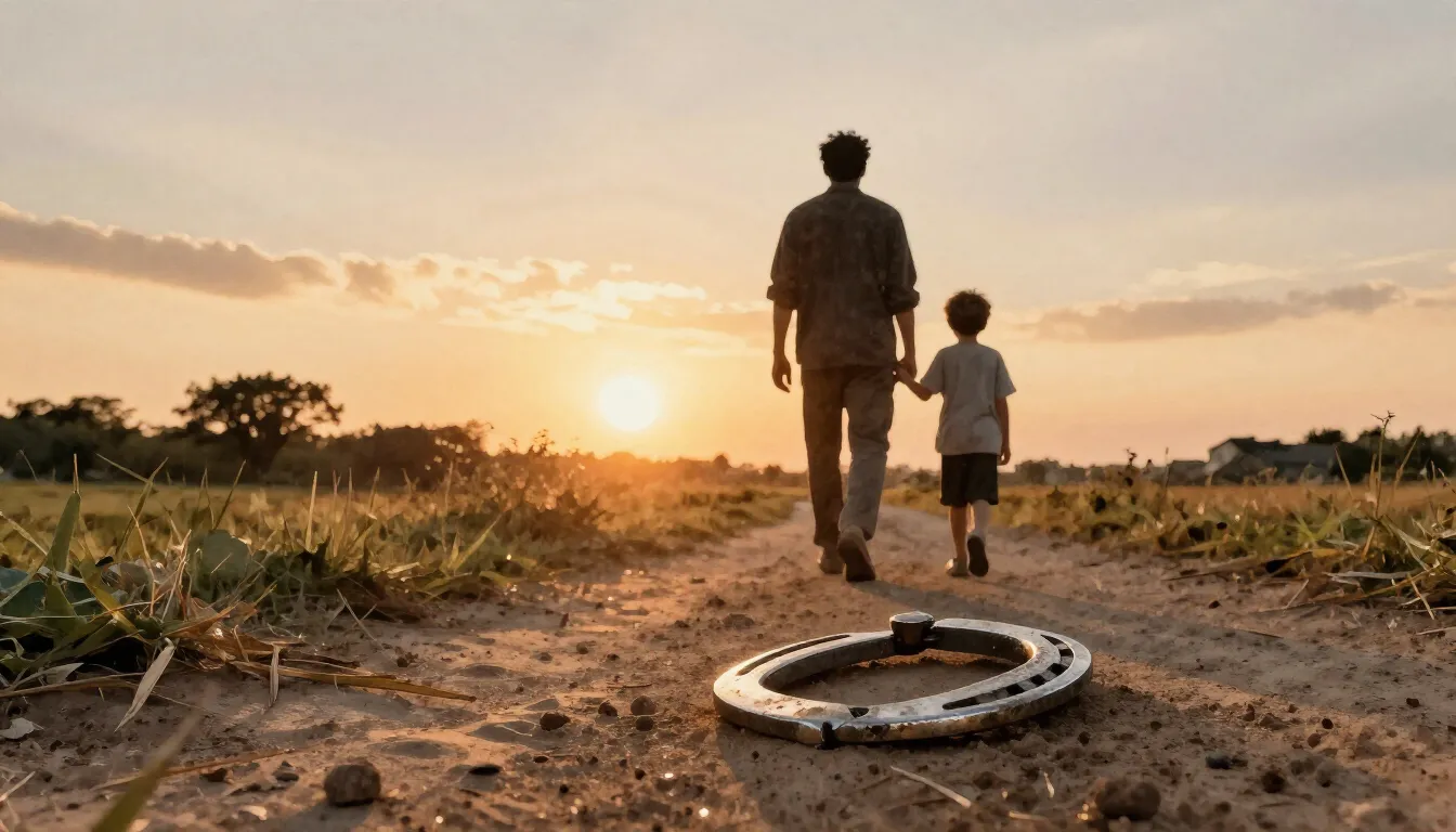 Watercolor style. Silhouette of a man and a boy walking on a...