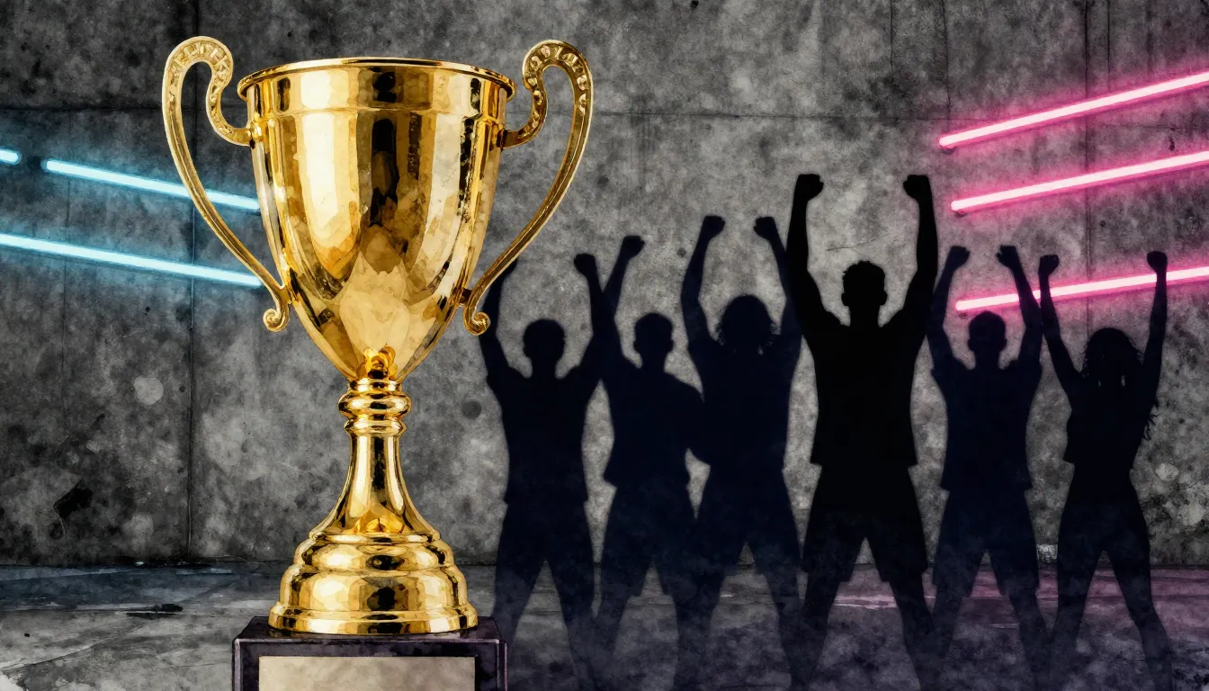 Watercolor style. Golden trophy cup on a dark concrete backg...