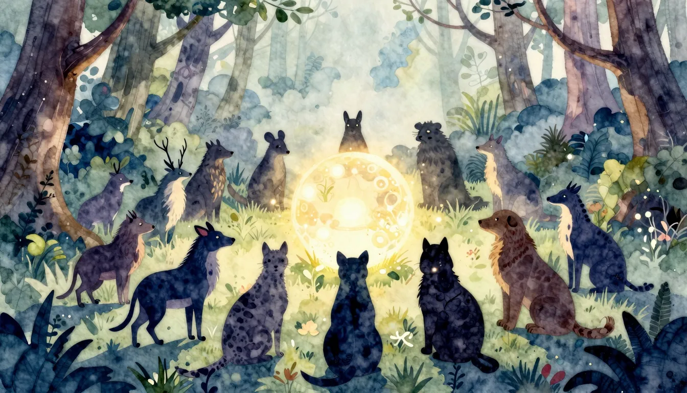 Watercolor style. Silhouettes of diverse forest animals stan...