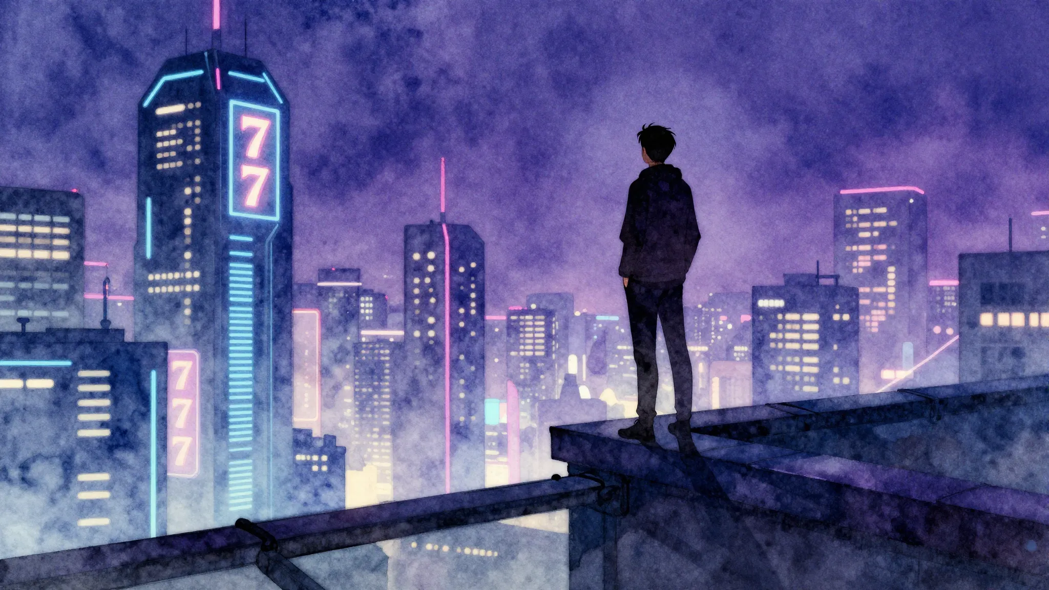 Watercolor style. A dark silhouette of a person standing on ...