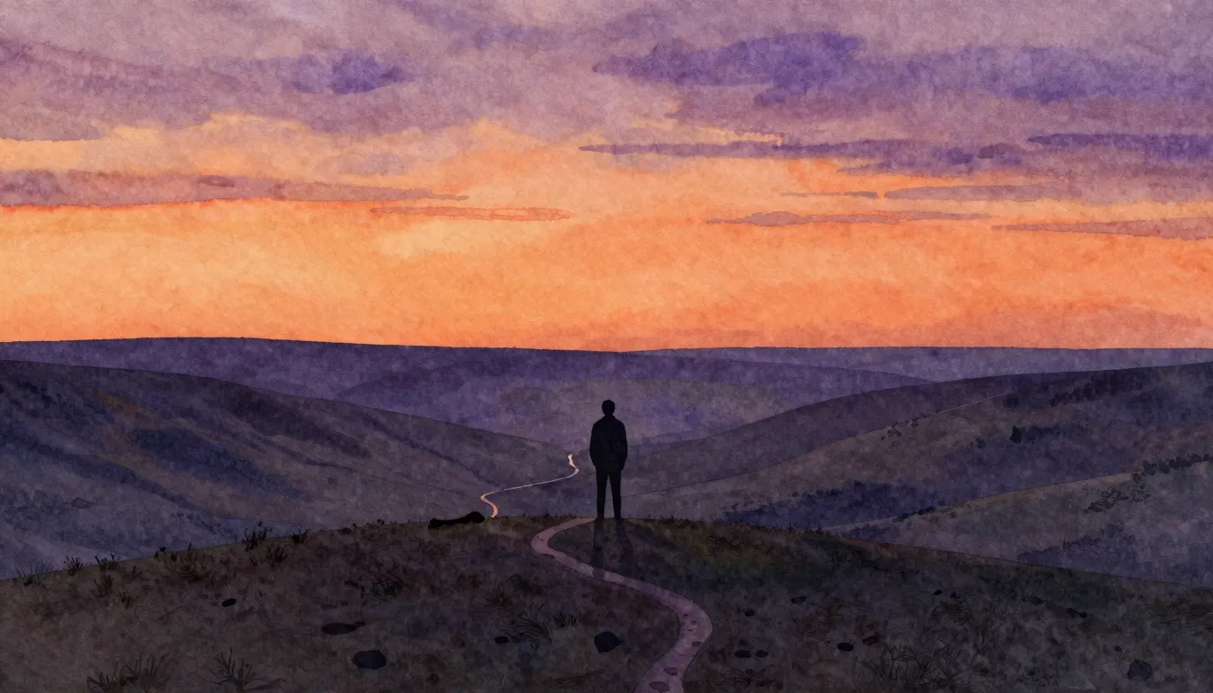Watercolor style. A lone silhouette stands on a hill at suns...