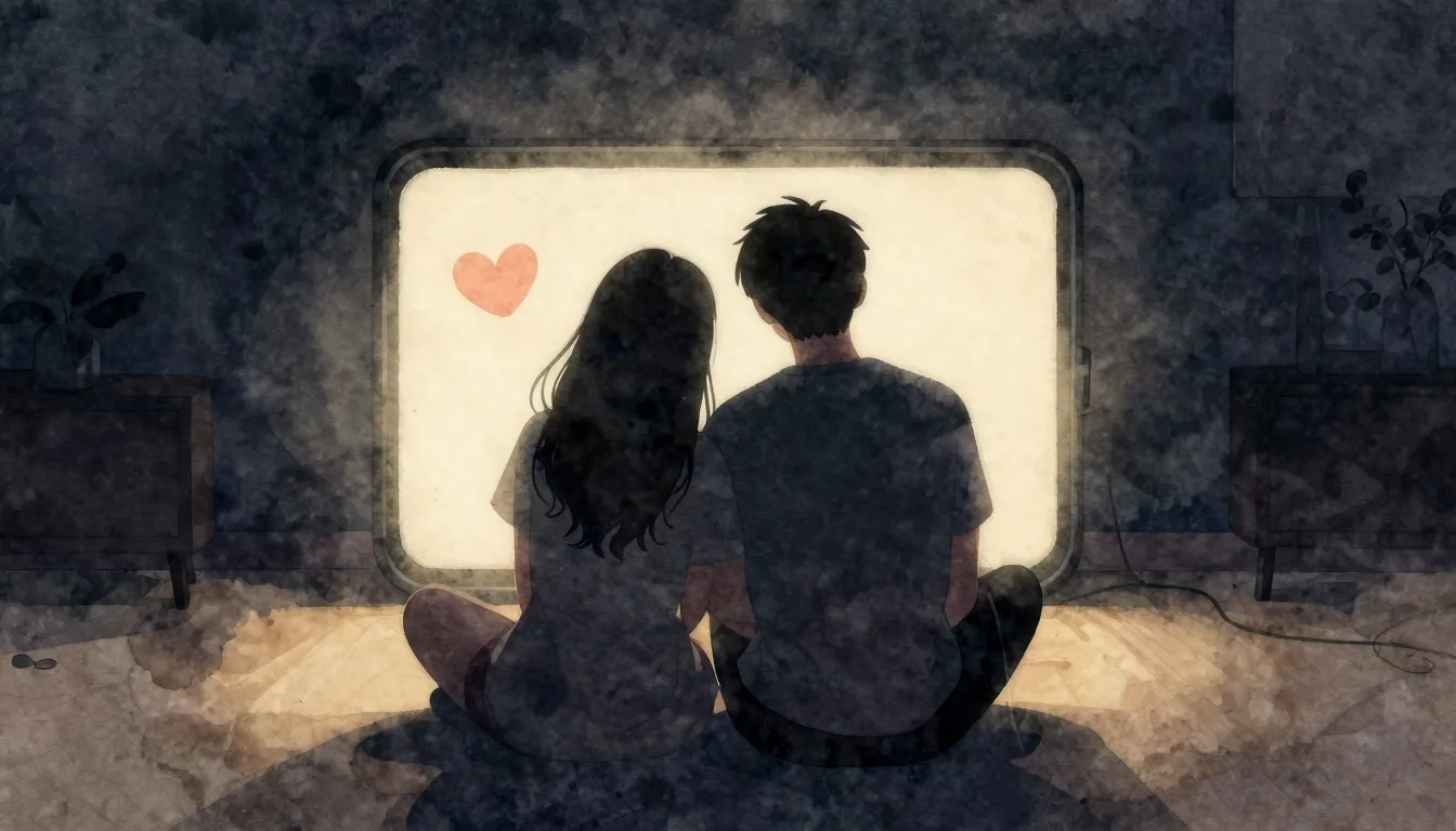 Watercolor style. Silhouette of a couple sitting back to bac...