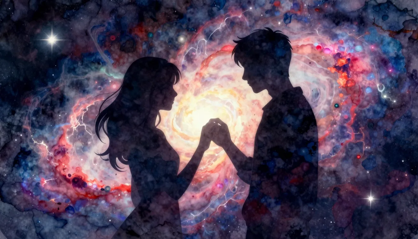 Watercolor style. A silhouette of a couple against a cosmic ...