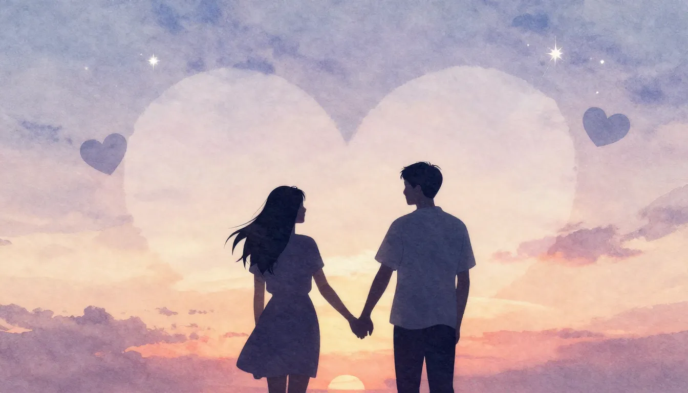 Watercolor style. Silhouette of a couple holding hands again...