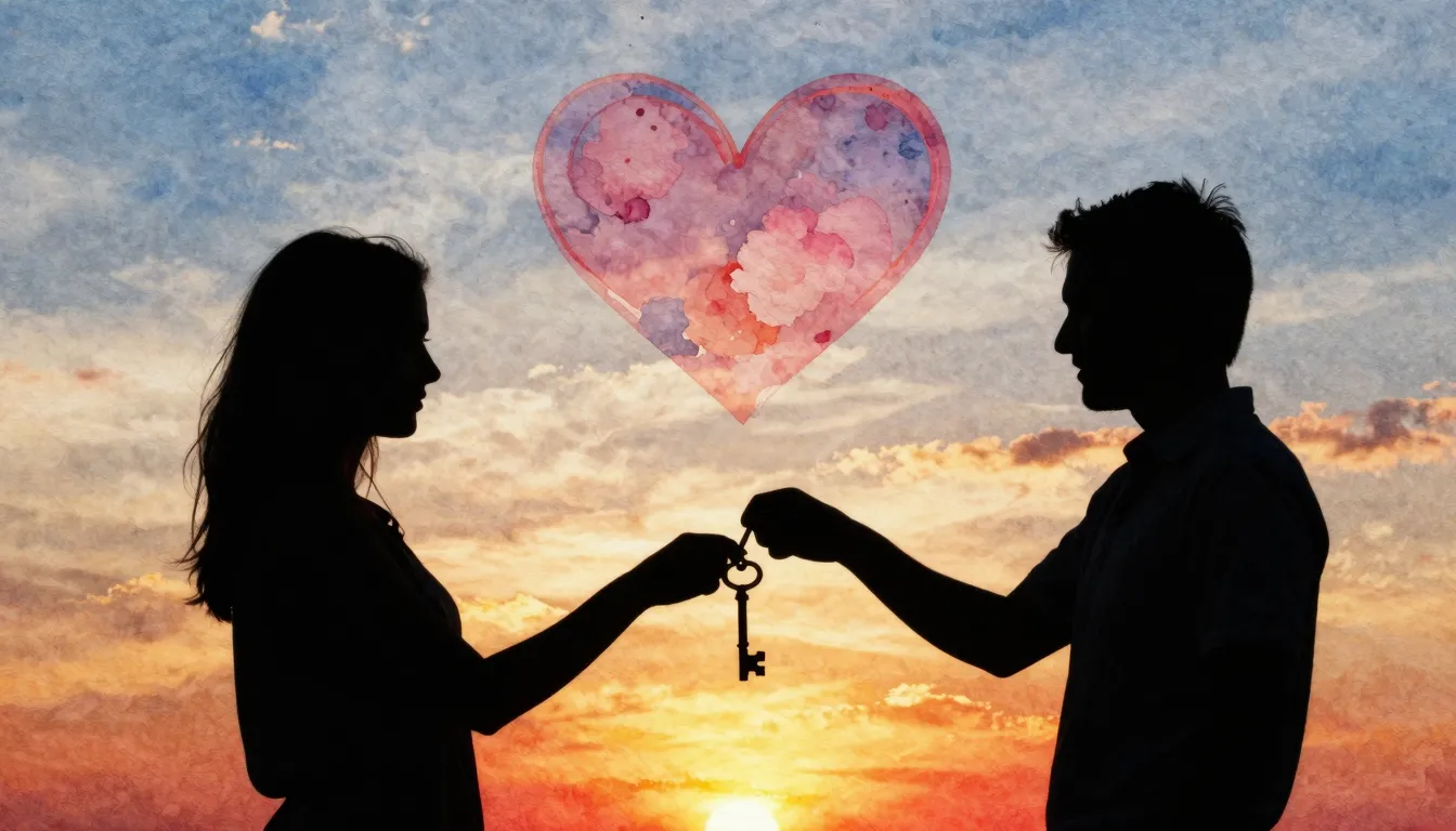 Watercolor style. Silhouette of a couple against a sunset, o...