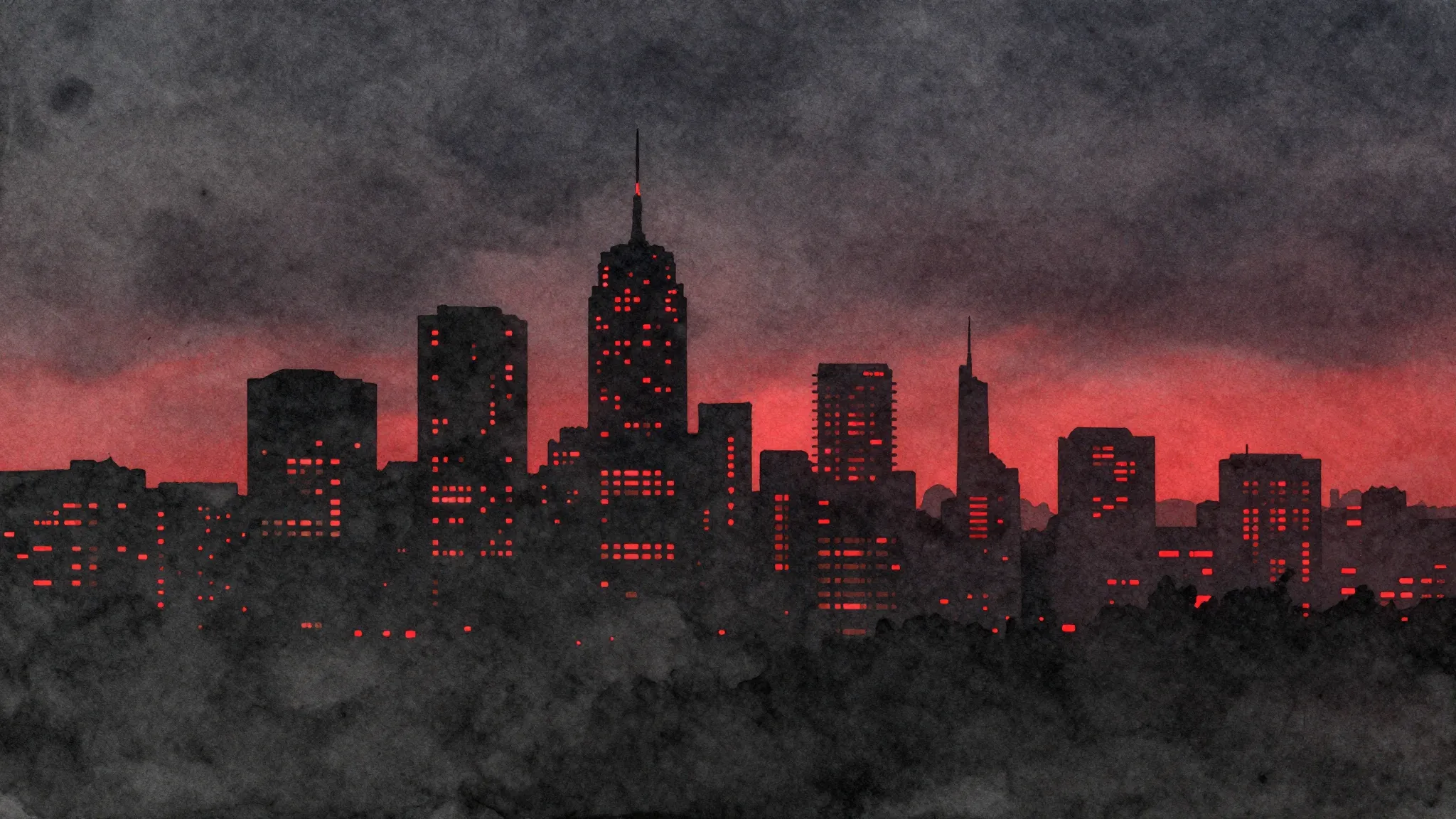 Watercolor style. A dark silhouette of a city skyline at nig...