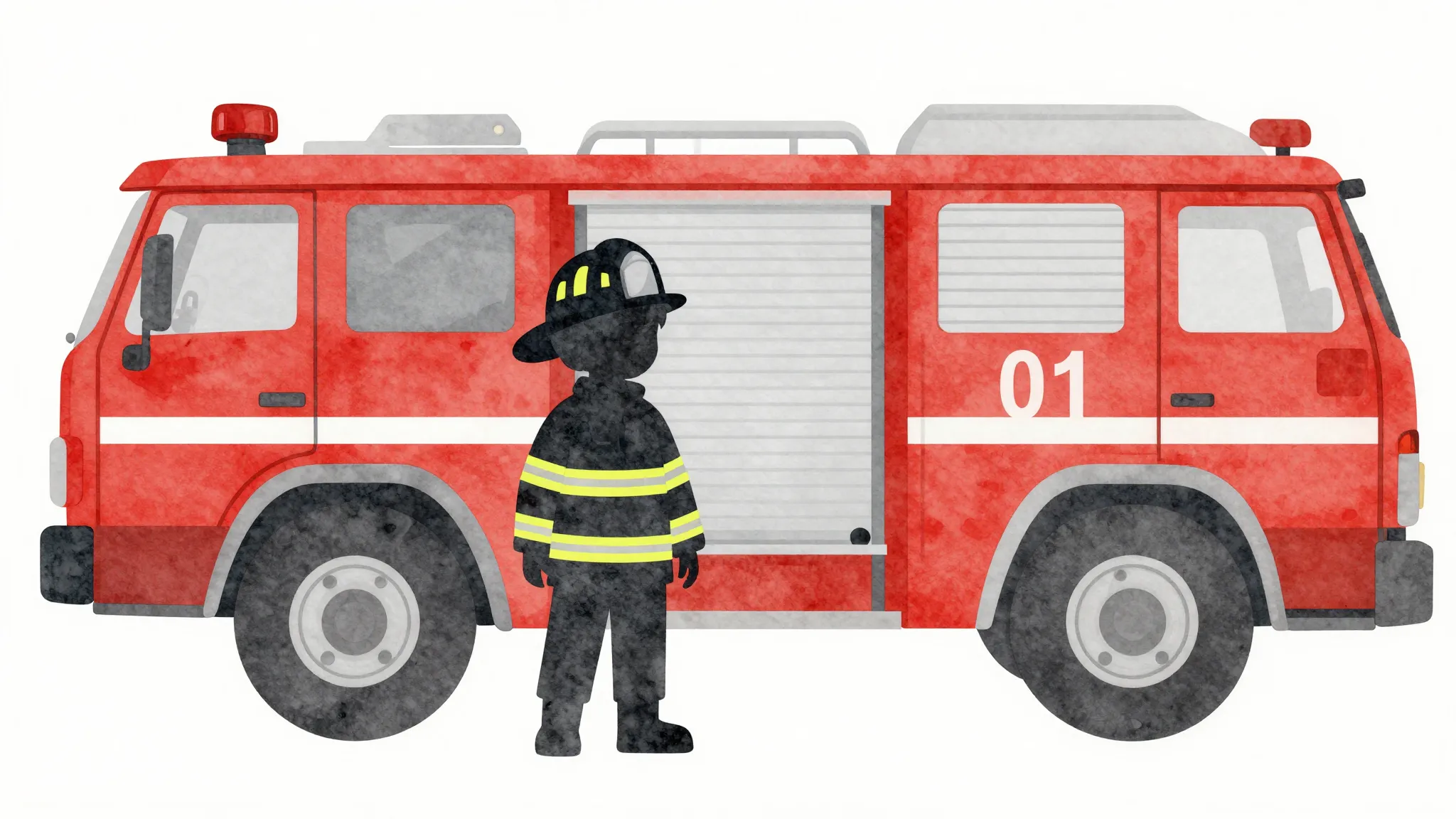 Watercolor style. Silhouette of a child wearing a large fire...