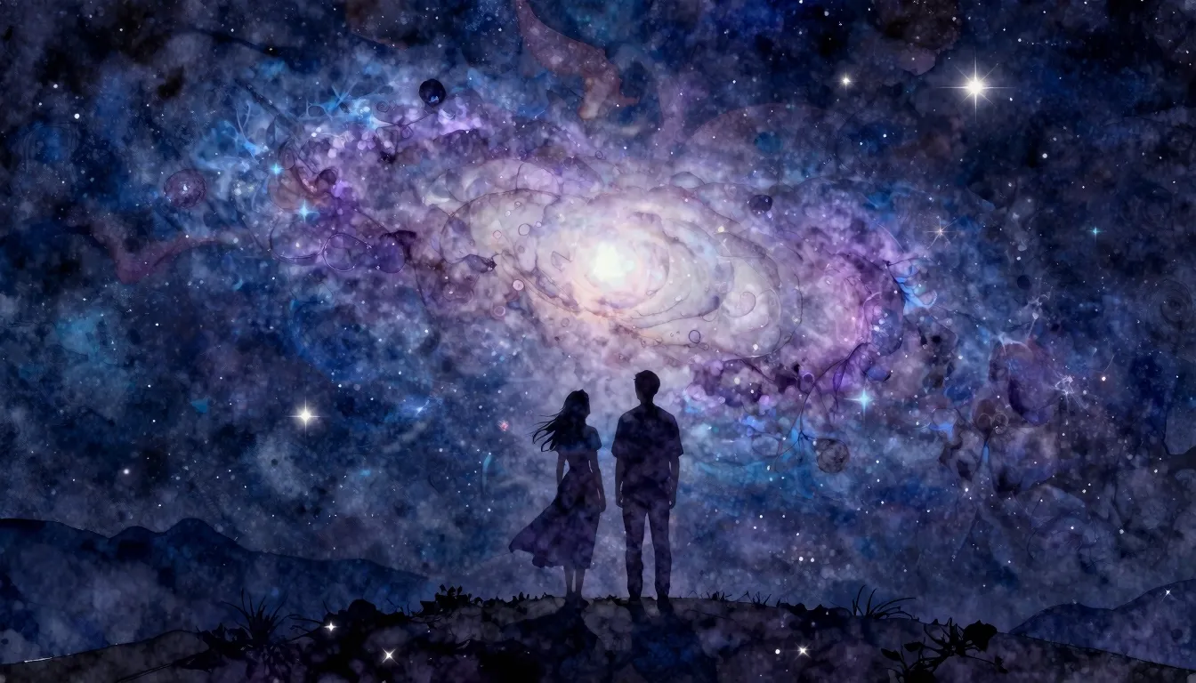 Watercolor style. A silhouette of a couple standing under a ...