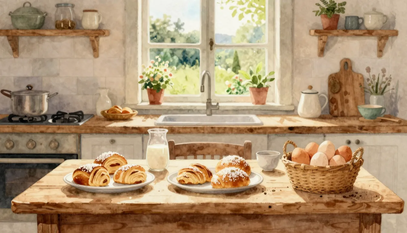 Watercolor style. A cozy rustic kitchen with a table full of...