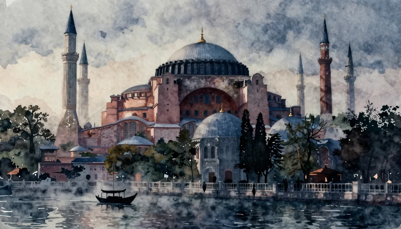 Watercolor style. Silhouette of a large ancient building wit...