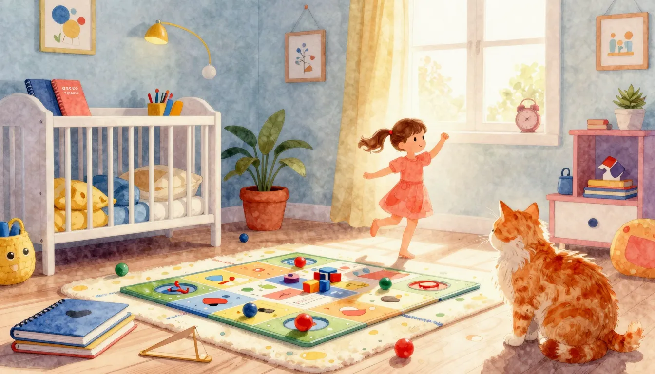 Watercolor style. A bright, colorful nursery room with many ...