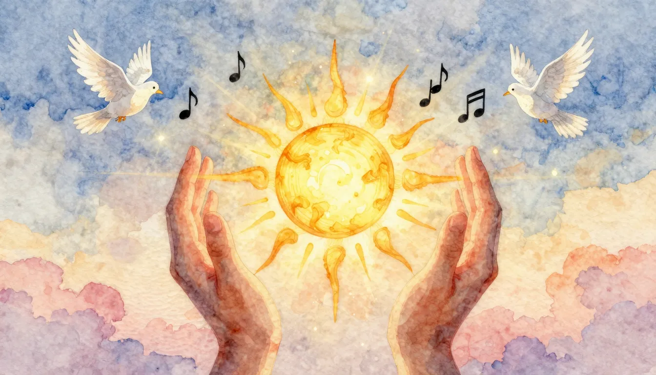 Watercolor style. Two hands gently holding a glowing, styliz...