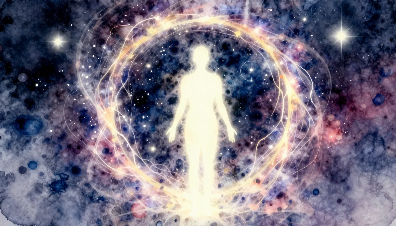 Watercolor style. A glowing human silhouette standing in fro...