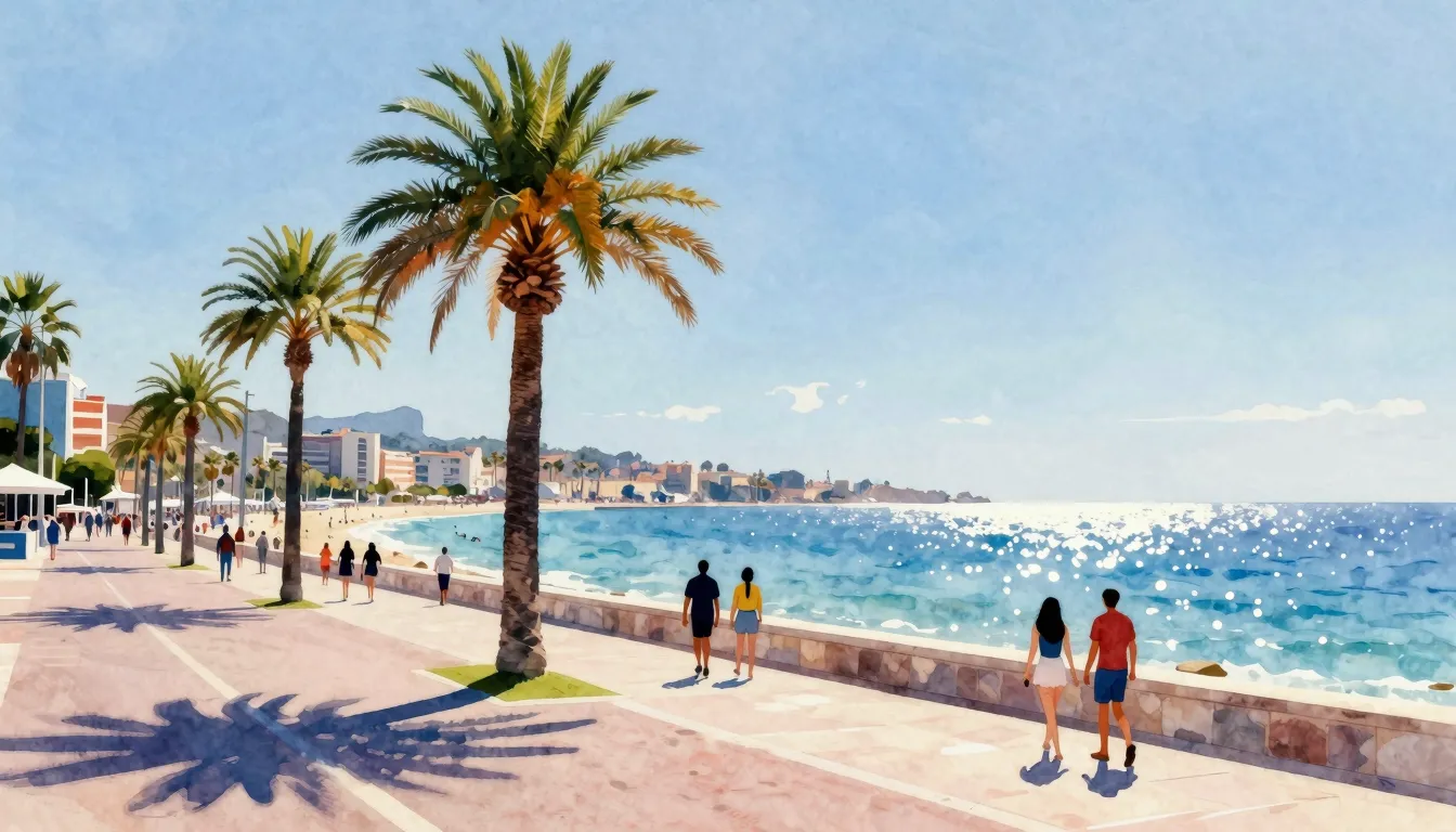 Watercolor style. A bright sunny day at a coastal city, palm...