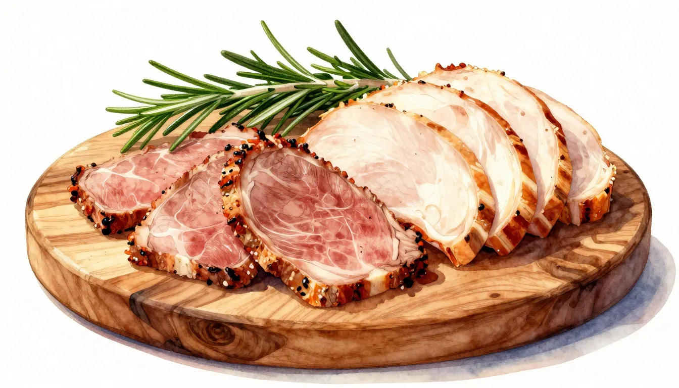 Watercolor style. Gourmet sliced beef and turkey delicacies ...