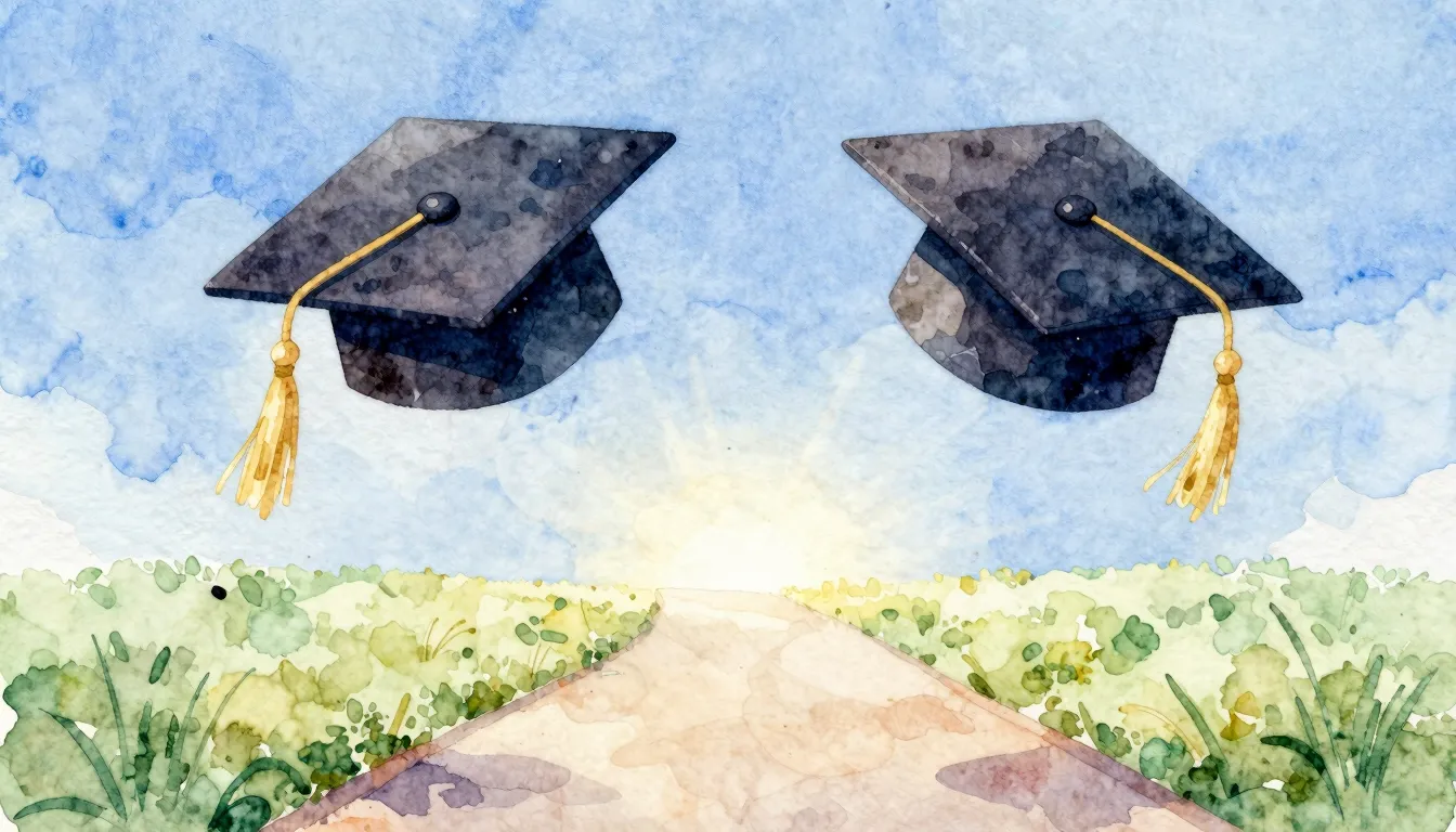 Watercolor style. Two graduation caps with tassels flying hi...