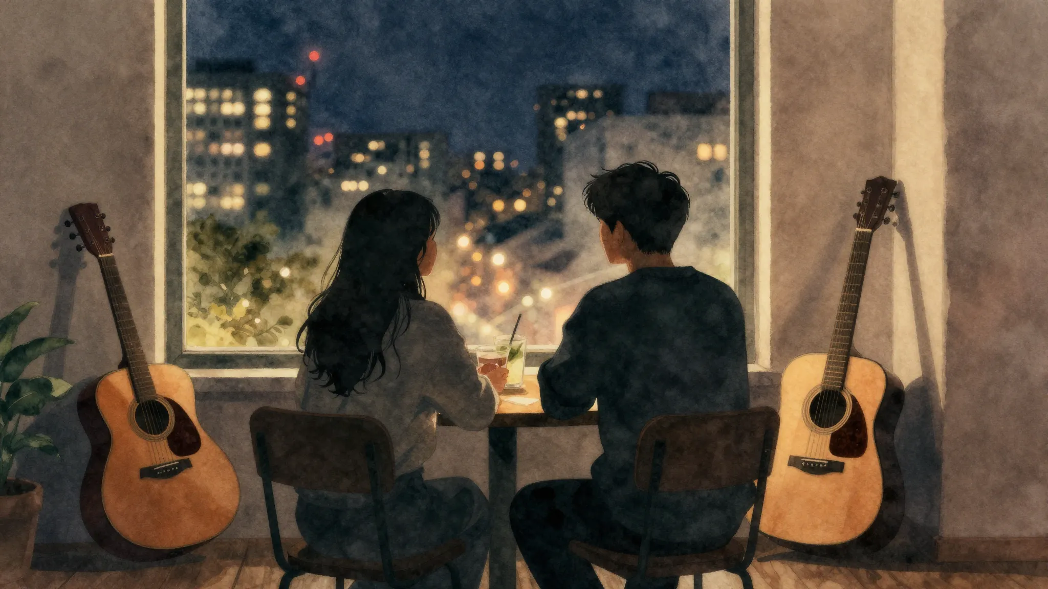 Watercolor style. A silhouette of two friends sitting at a t...