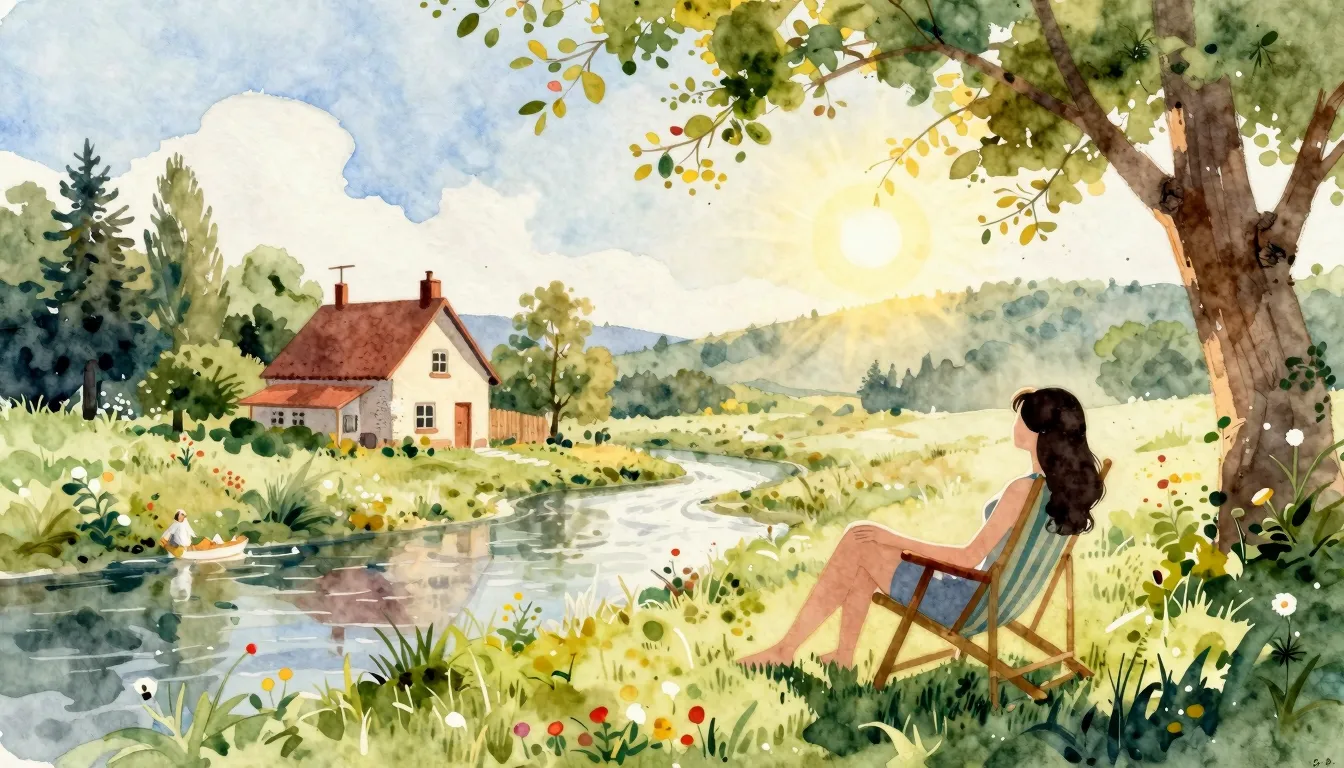 Watercolor style. A beautiful summer landscape with a river ...