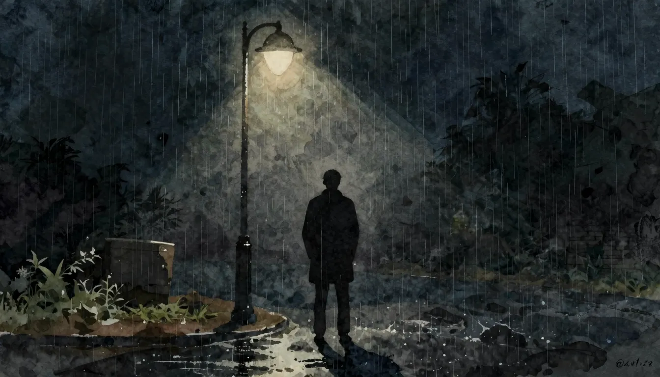 Watercolor style. A lonely silhouette of a man standing unde...