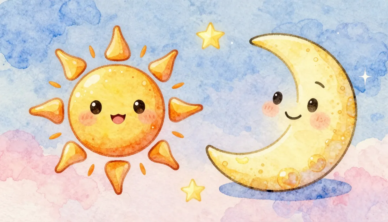 Vibrant watercolor style. Cute cartoon sun and moon, smiling...