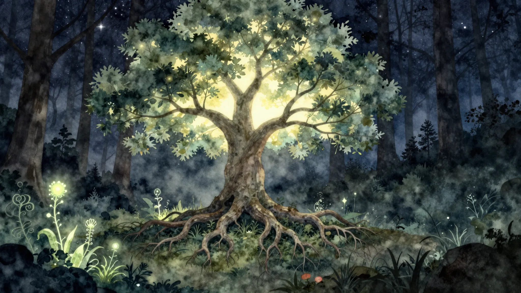 Watercolor style. Silhouette of a glowing tree with deep roo...
