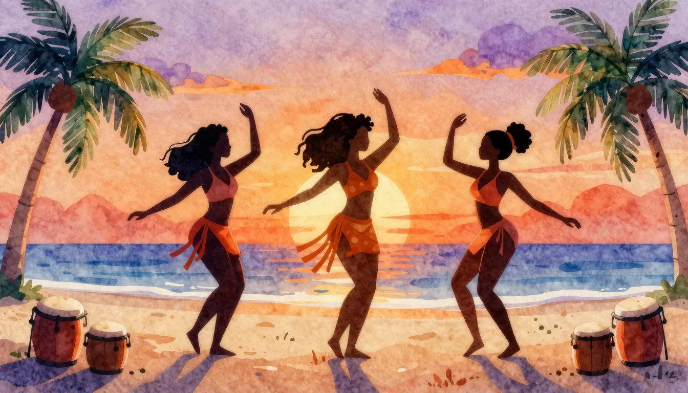 Watercolor style. Three female silhouettes dancing on a trop...