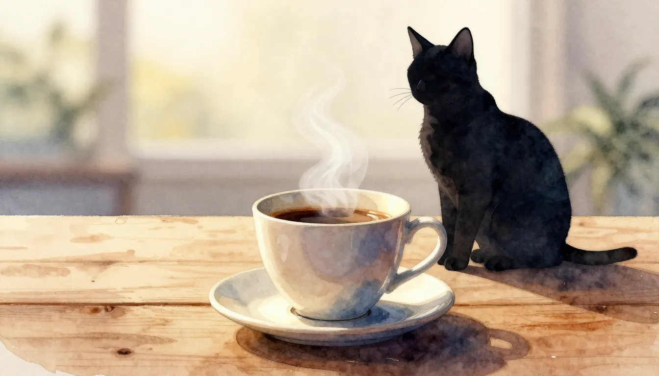 Watercolor style. A steaming ceramic cup of coffee on a wood...