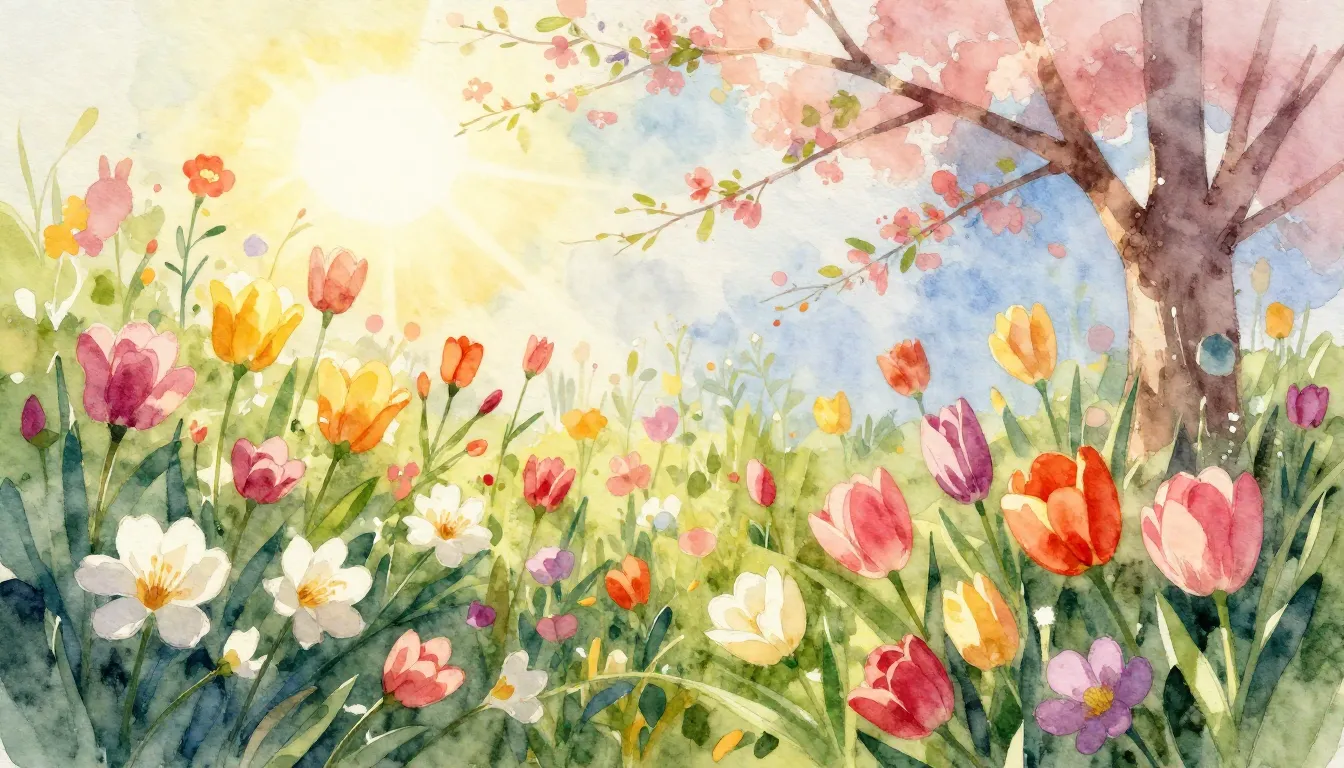 Vibrant watercolor style. A vibrant, joyful spring scene. Bl...