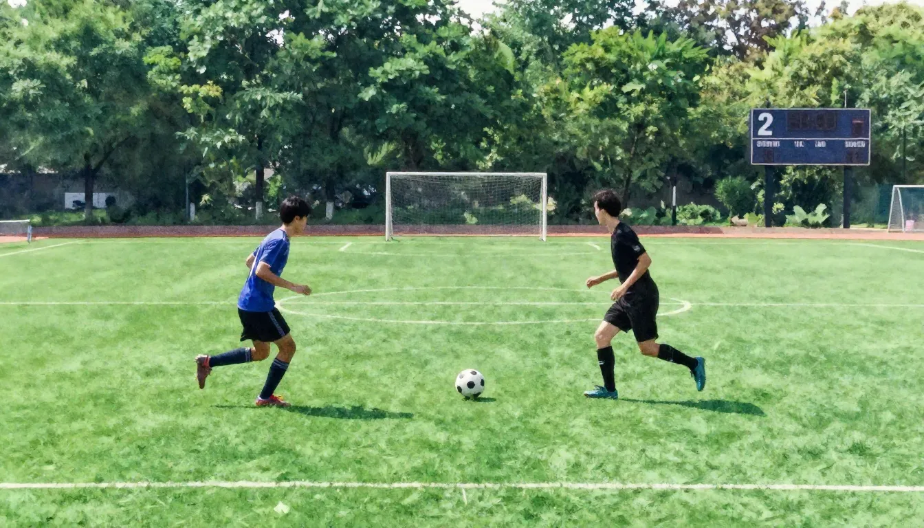 Watercolor style. Cinematic shot of a green football pitch i...