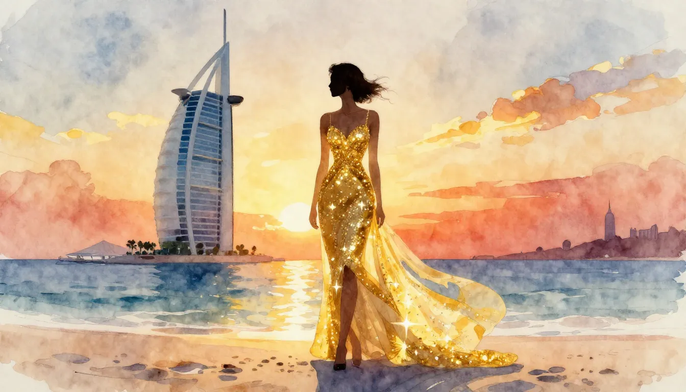 Vibrant watercolor style. Luxury, Dubai, beach, sunset, silh...